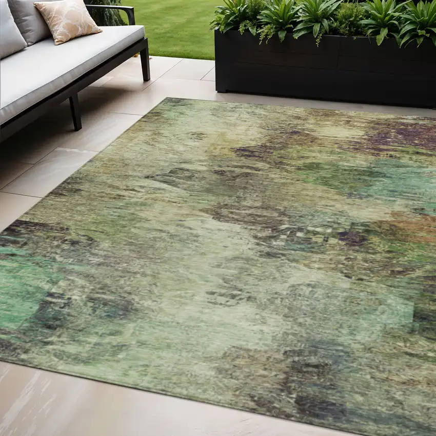 Beige Green And Artichoke Green Abstract Washable Indoor Outdoor Area Rug Photo 1