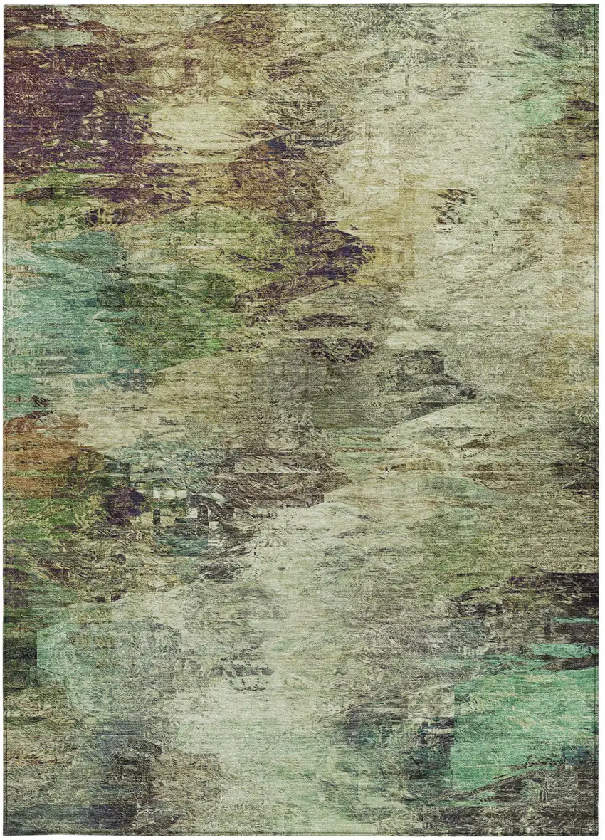 Beige Green And Artichoke Green Abstract Washable Indoor Outdoor Area Rug Photo 6