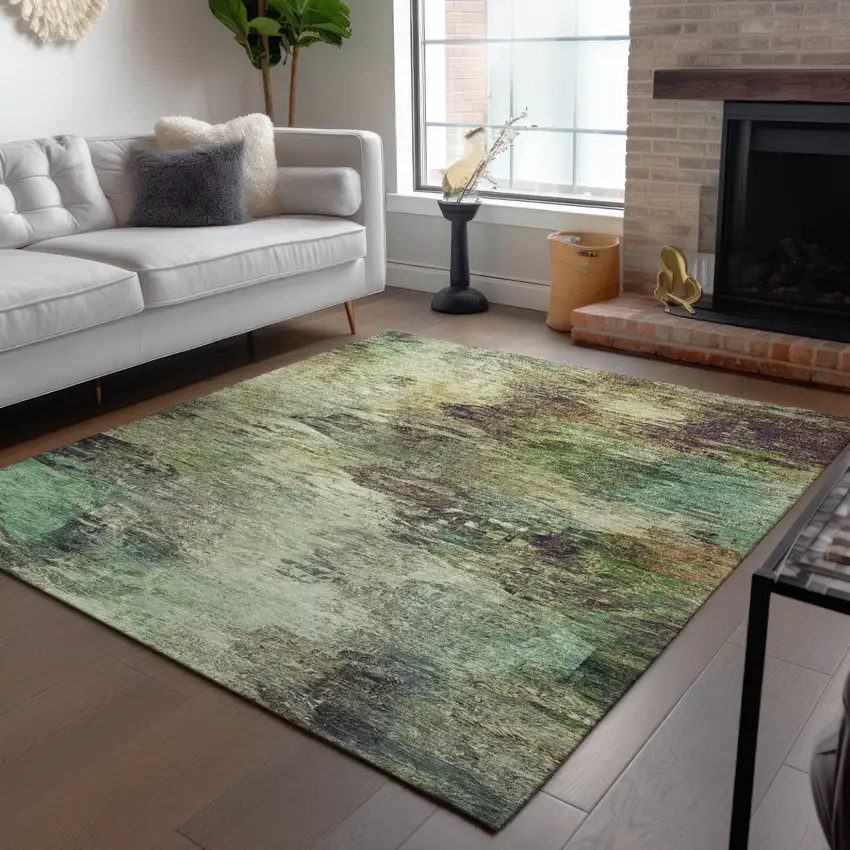 Beige Green And Artichoke Green Abstract Washable Indoor Outdoor Area Rug Photo 9