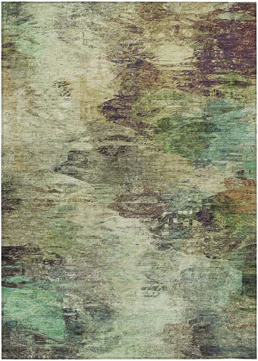 Beige Green And Artichoke Green Abstract Washable Indoor Outdoor Area Rug Photo 2