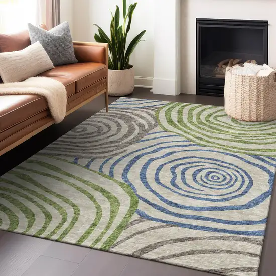 Beige Green And Blue Abstract Washable Area Rug With UV Protection Photo 6