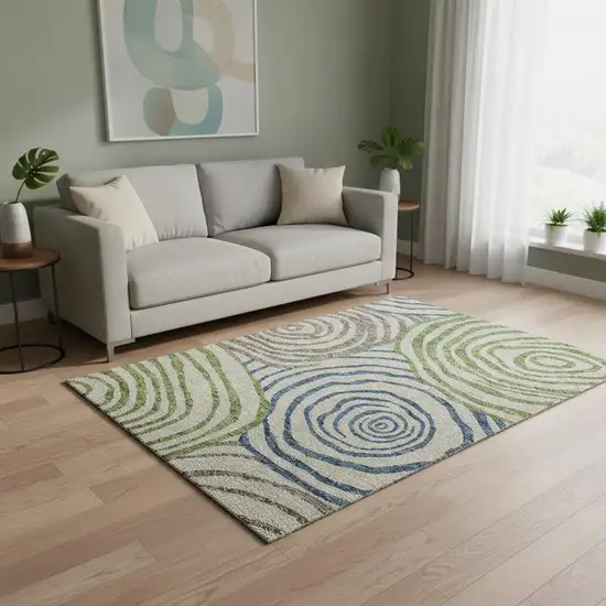Beige Green And Blue Abstract Washable Area Rug With UV Protection Photo 2