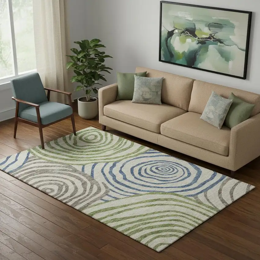 Beige Green And Blue Abstract Washable Area Rug With UV Protection Photo 1