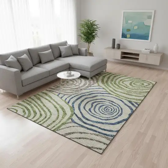Beige Green And Blue Abstract Washable Area Rug With UV Protection Photo 2