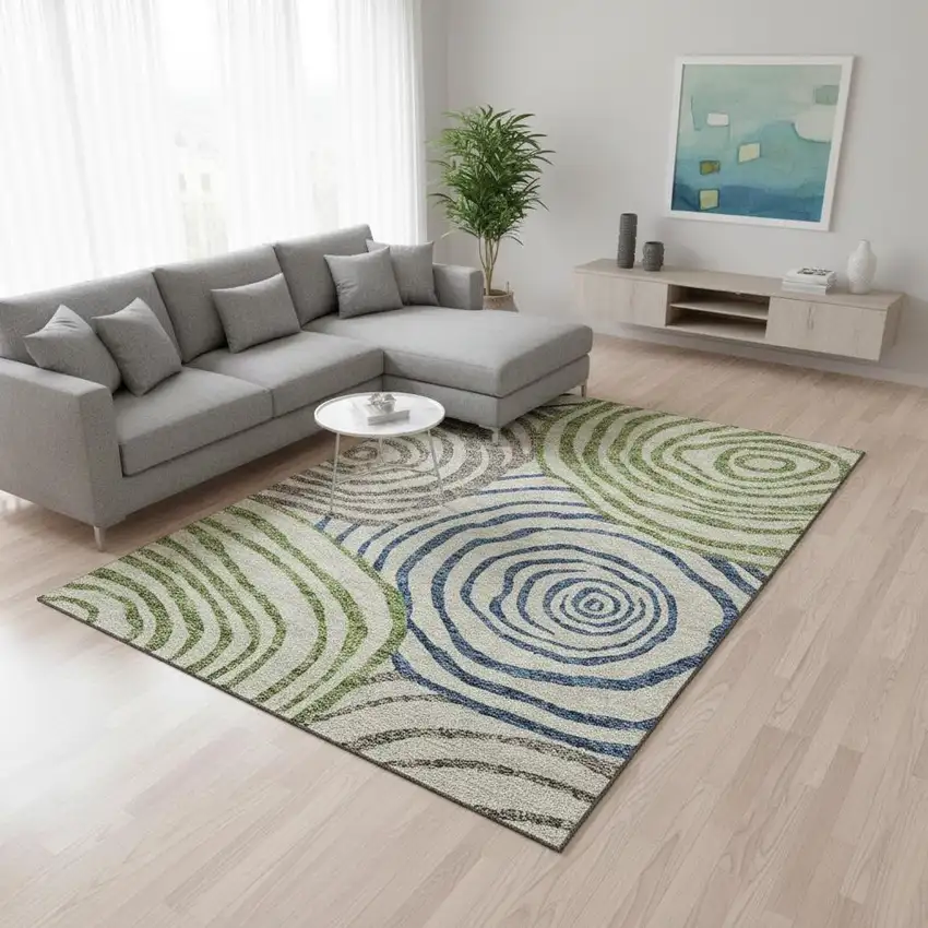 Beige Green And Blue Abstract Washable Area Rug With UV Protection Photo 2