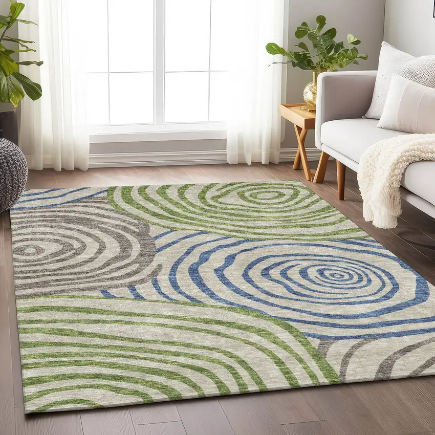 Beige Green And Blue Abstract Washable Area Rug With UV Protection Photo 5
