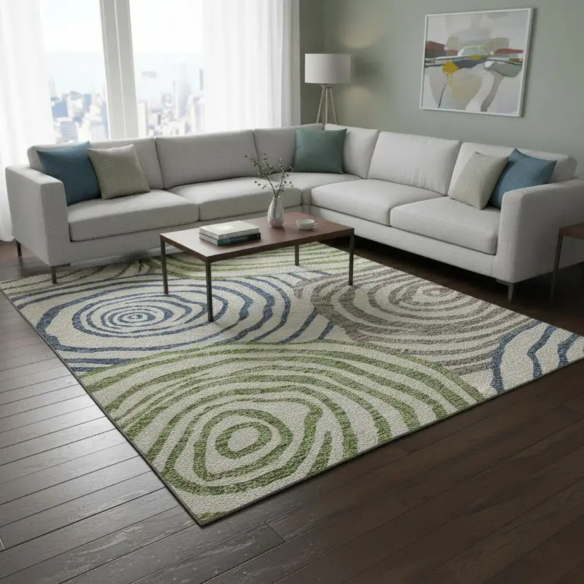 Beige Green And Blue Abstract Washable Area Rug With UV Protection Photo 2