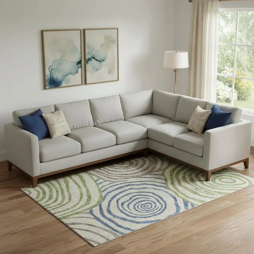 Beige Green And Blue Abstract Washable Area Rug With UV Protection Photo 1