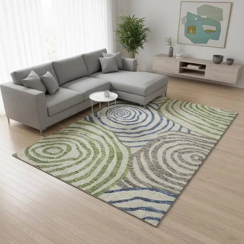 Beige Green And Blue Abstract Washable Area Rug With UV Protection Photo 2