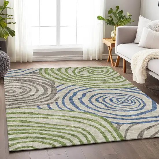 Beige Green And Blue Abstract Washable Area Rug With UV Protection Photo 5