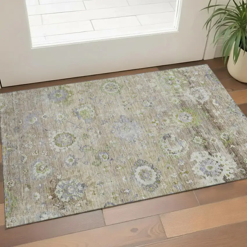 Beige Green And Blue Floral Washable Area Rug With UV Protection Photo 1