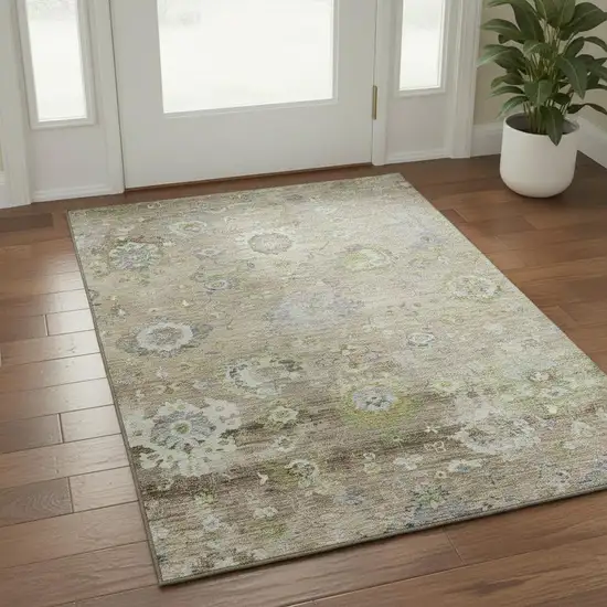 Beige Green And Blue Floral Washable Area Rug With UV Protection Photo 2