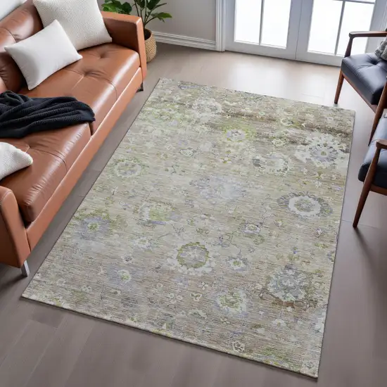 Beige Green And Blue Floral Washable Area Rug With UV Protection Photo 5