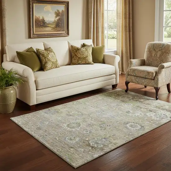 Beige Green And Blue Floral Washable Area Rug With UV Protection Photo 2