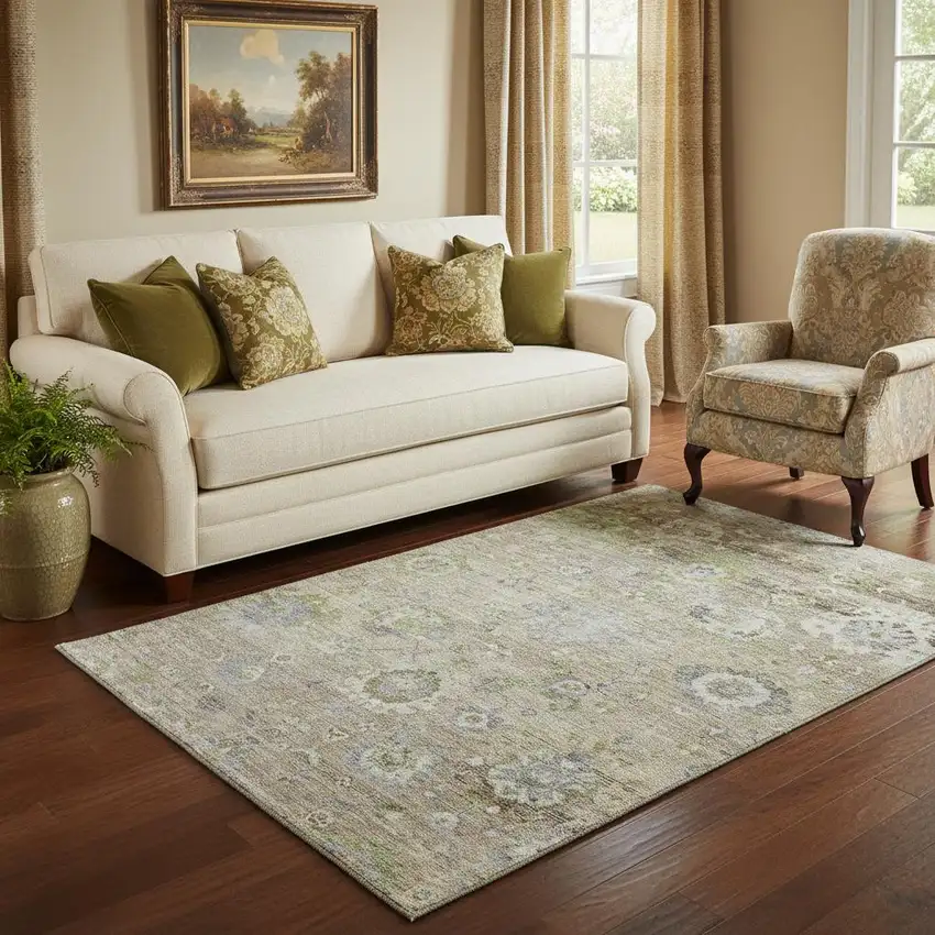 Beige Green And Blue Floral Washable Area Rug With UV Protection Photo 2