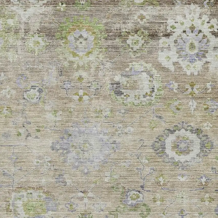 Beige Green And Blue Floral Washable Area Rug With UV Protection Photo 2