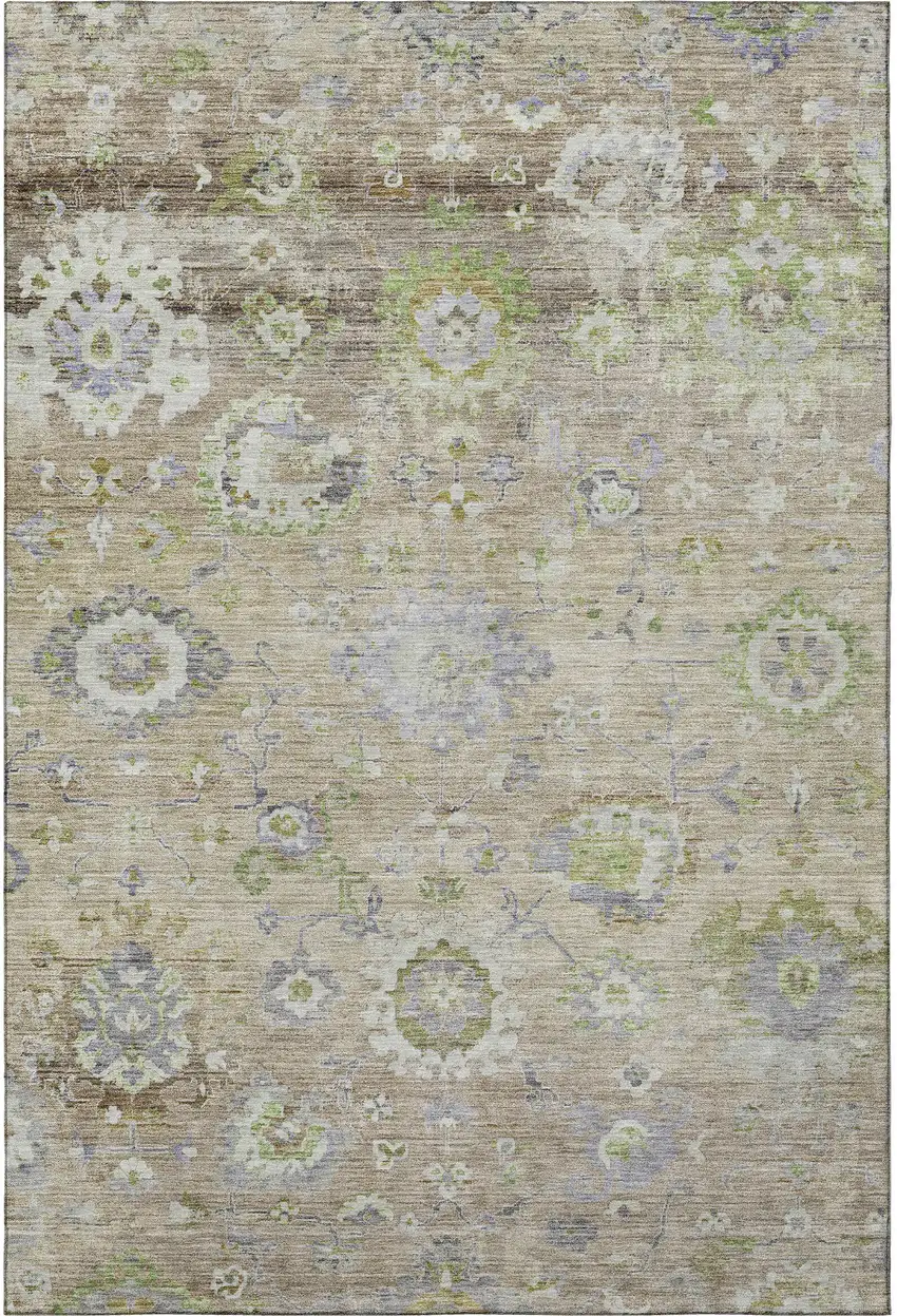 Beige Green And Blue Floral Washable Area Rug With UV Protection Photo 3