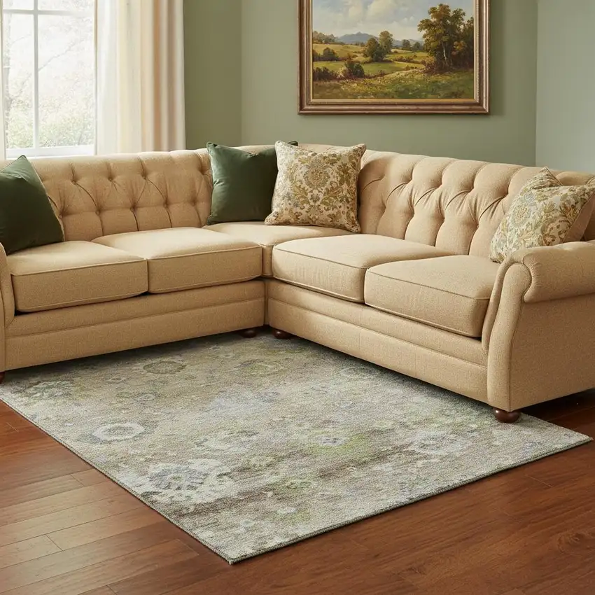 Beige Green And Blue Floral Washable Area Rug With UV Protection Photo 2