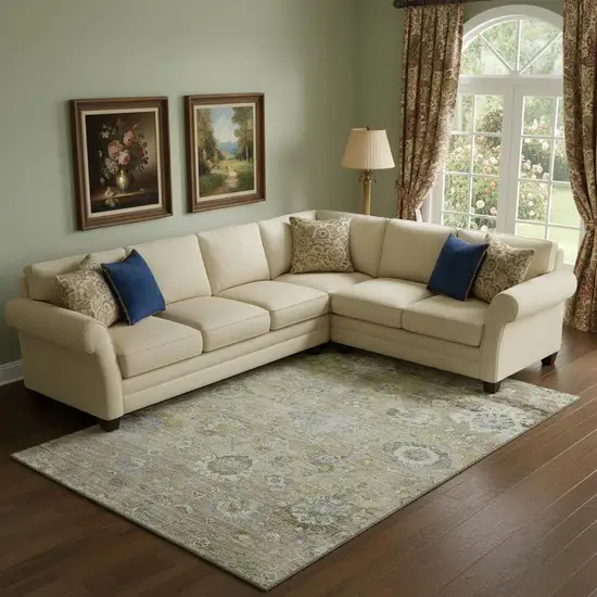 Beige Green And Blue Floral Washable Area Rug With UV Protection Photo 2