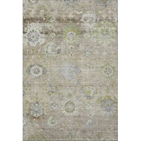 Beige Green And Blue Floral Washable Area Rug With UV Protection Photo 3