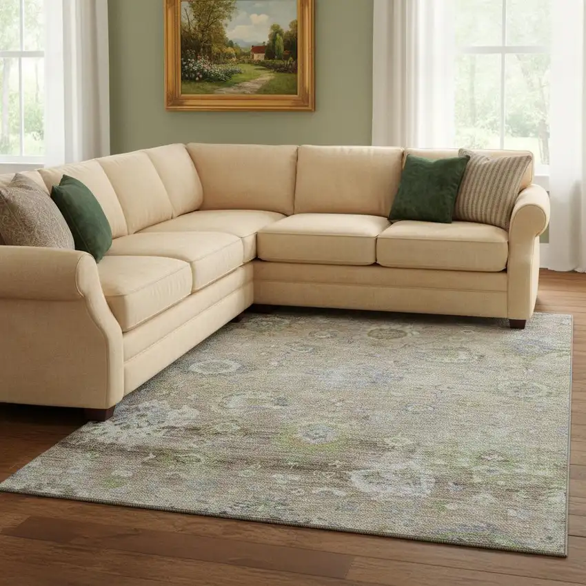 Beige Green And Blue Floral Washable Area Rug With UV Protection Photo 2