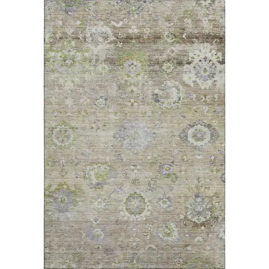 Beige Green And Blue Floral Washable Area Rug With UV Protection Photo 1