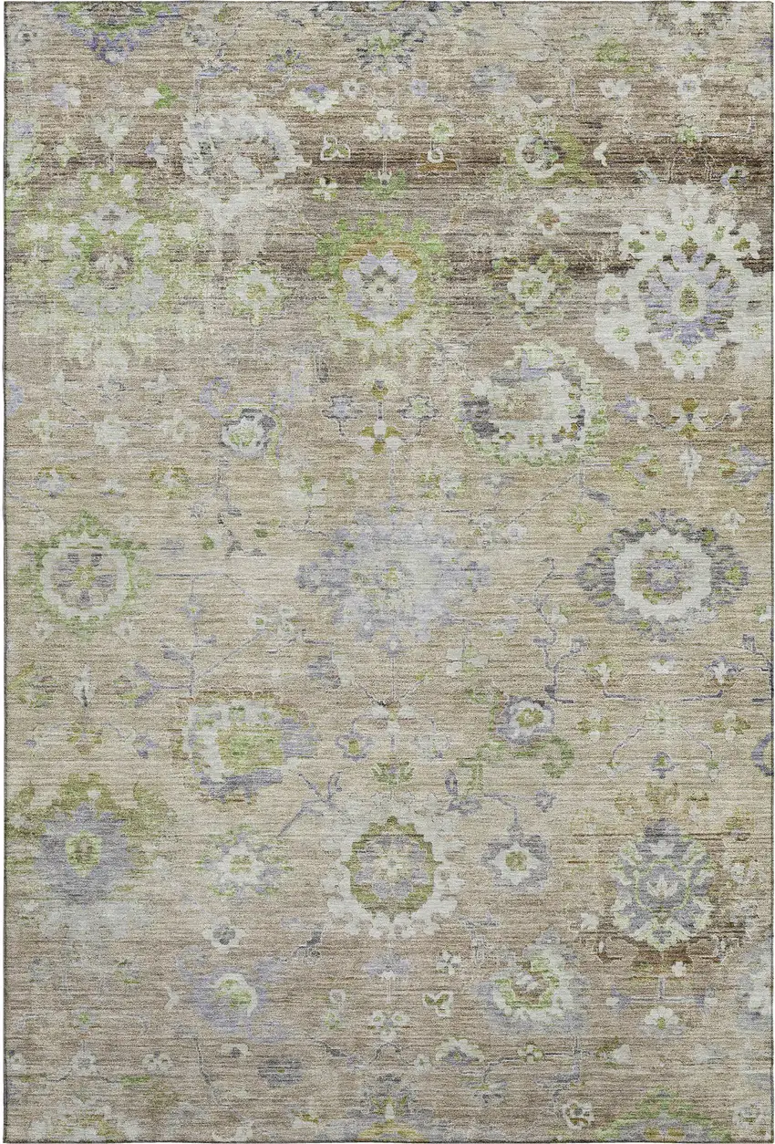 Beige Green And Blue Floral Washable Area Rug With UV Protection Photo 1