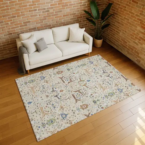 Beige Green And Blue Floral Washable Indoor Outdoor Area Rug Photo 9
