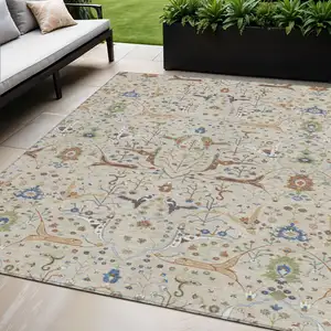 Photo of Beige Green And Blue Floral Washable Indoor Outdoor Area Rug