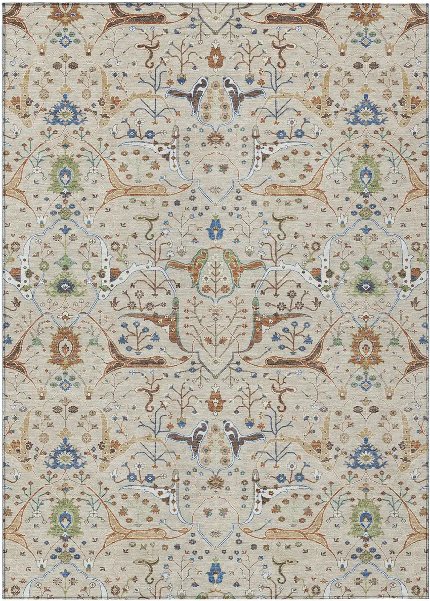 Beige Green And Blue Floral Washable Indoor Outdoor Area Rug Photo 2
