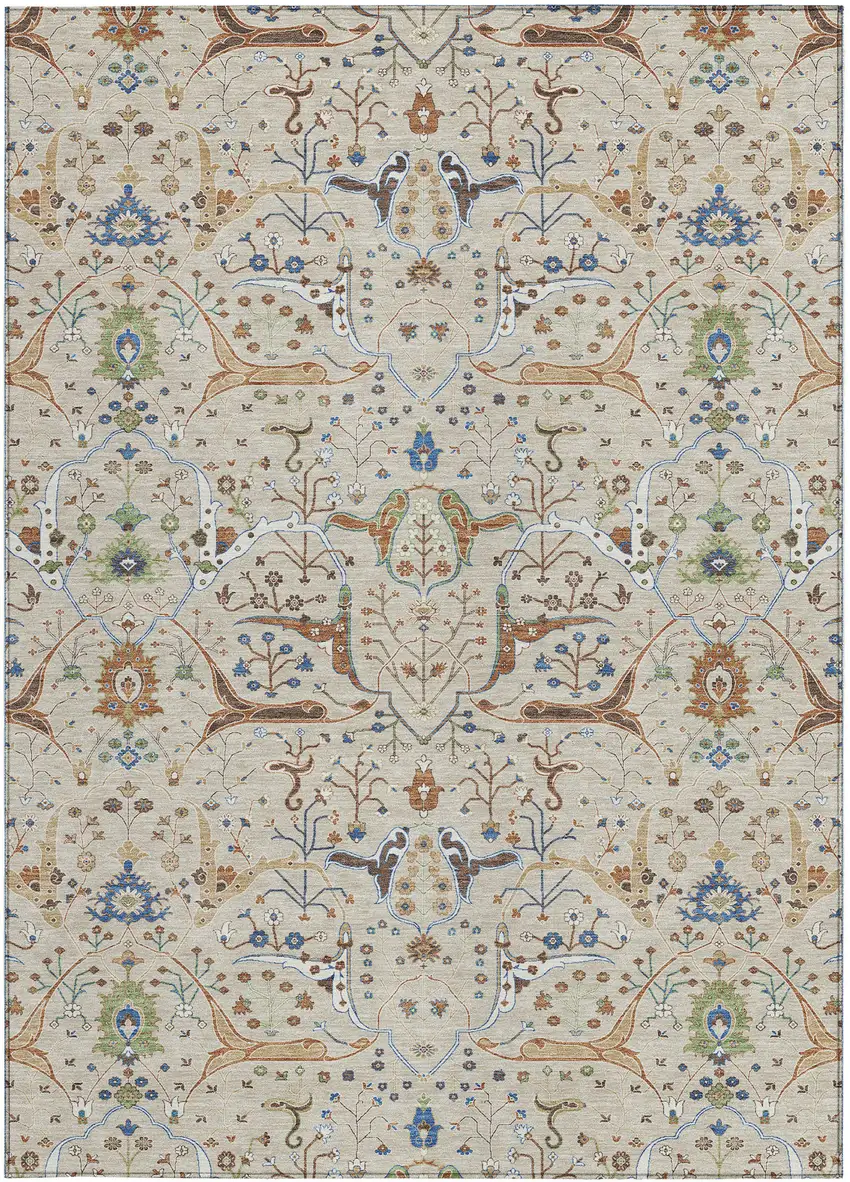 Beige Green And Blue Floral Washable Indoor Outdoor Area Rug Photo 5