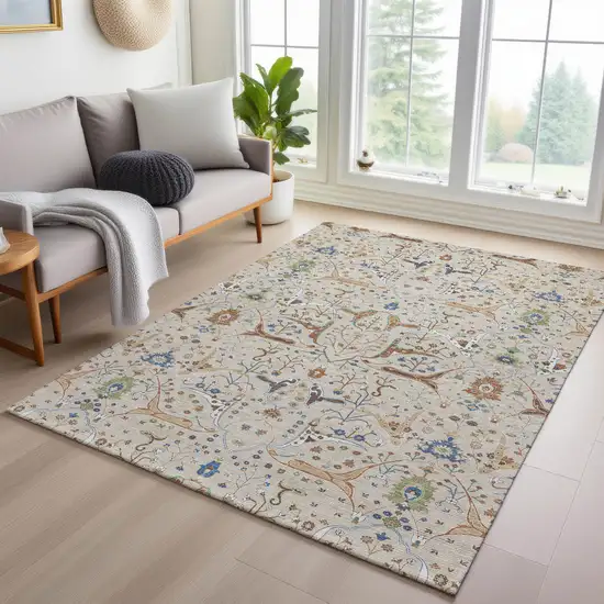 Beige Green And Blue Floral Washable Indoor Outdoor Area Rug Photo 9