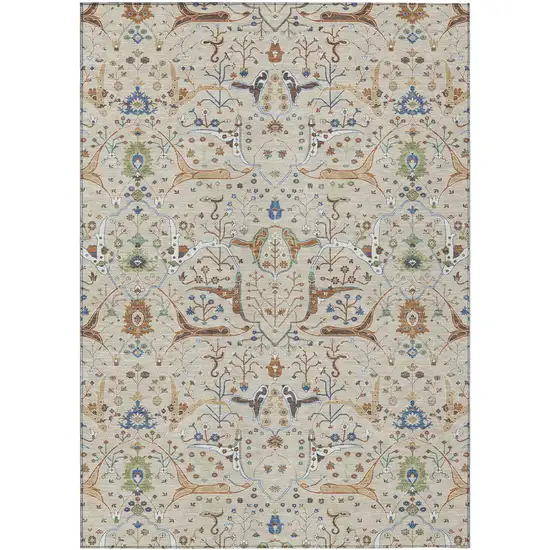 Beige Green And Blue Floral Washable Indoor Outdoor Area Rug Photo 2