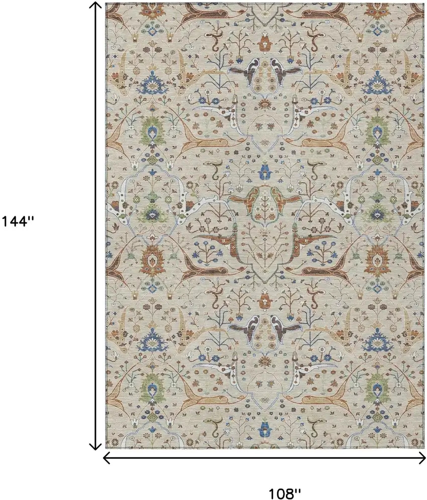 Beige Green And Blue Floral Washable Indoor Outdoor Area Rug Photo 3