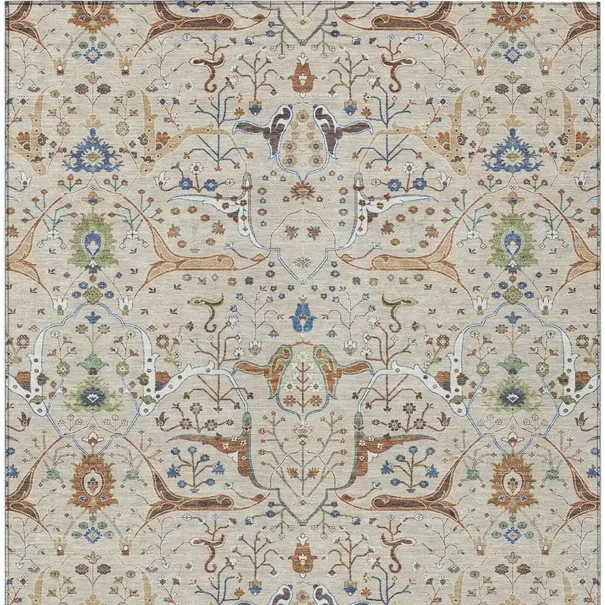 Beige Green And Blue Floral Washable Indoor Outdoor Area Rug Photo 4