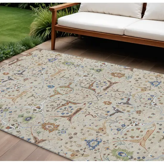 Beige Green And Blue Floral Washable Indoor Outdoor Area Rug Photo 1