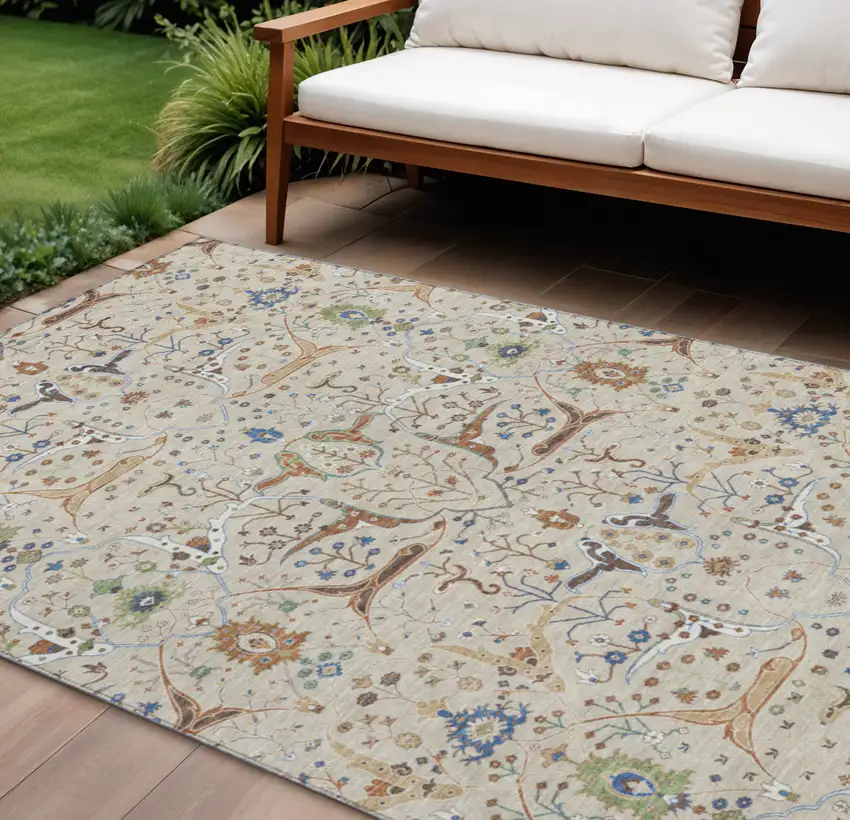 Beige Green And Blue Floral Washable Indoor Outdoor Area Rug Photo 1
