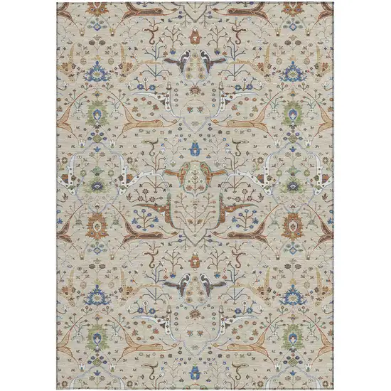 Beige Green And Blue Floral Washable Indoor Outdoor Area Rug Photo 5
