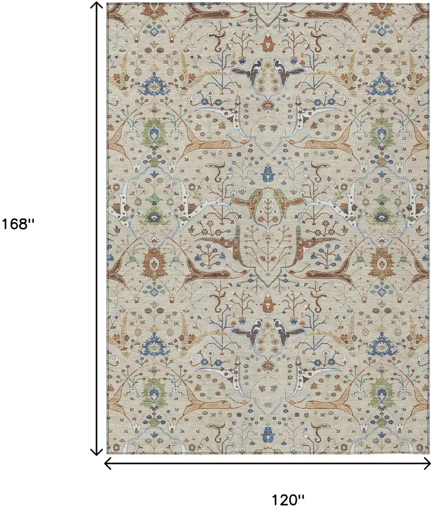 Beige Green And Blue Floral Washable Indoor Outdoor Area Rug Photo 3