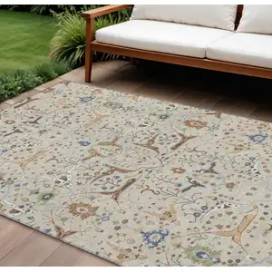 Photo of Beige Green And Blue Floral Washable Indoor Outdoor Area Rug