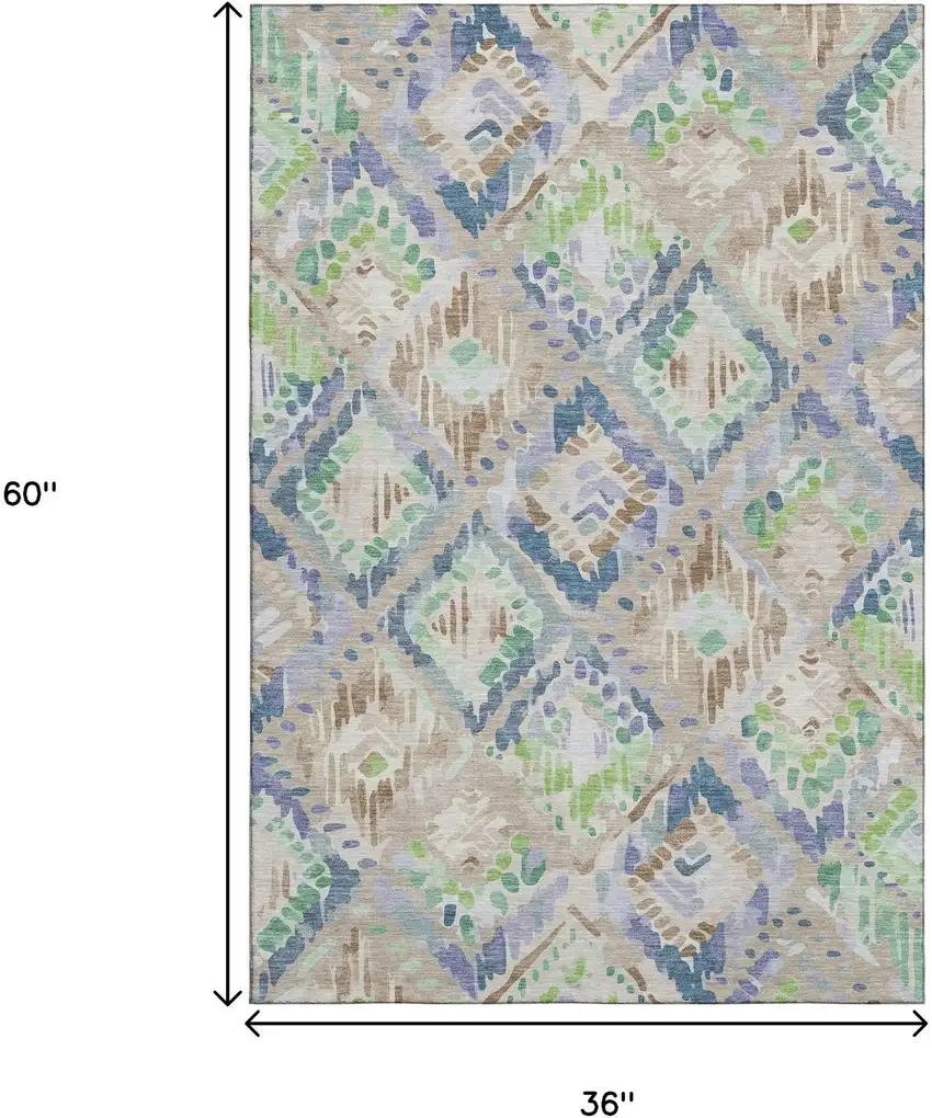 Beige Green And Blue Geometric Washable Area Rug With UV Protection Photo 3