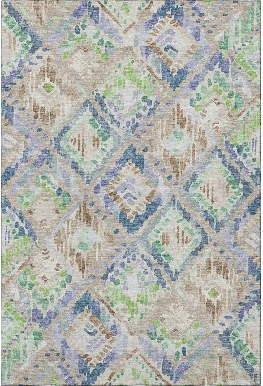 Beige Green And Blue Geometric Washable Area Rug With UV Protection Photo 3