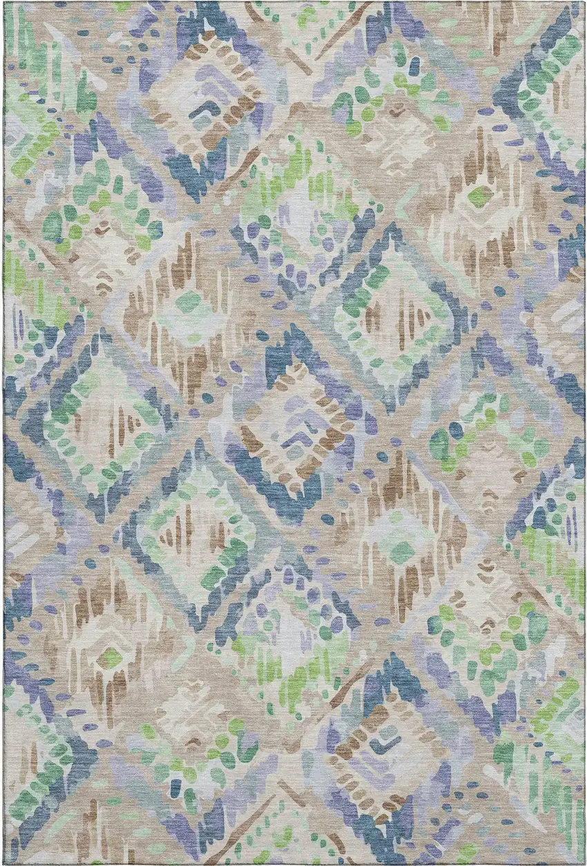Beige Green And Blue Geometric Washable Area Rug With UV Protection Photo 1