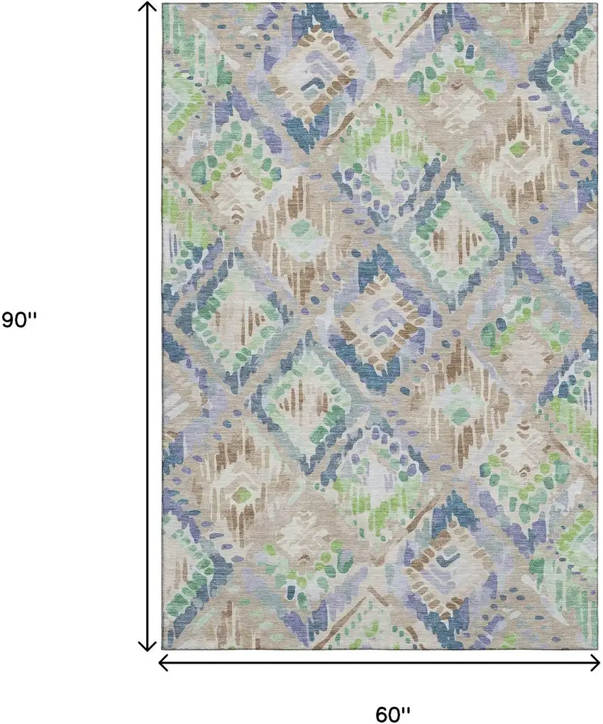 Beige Green And Blue Geometric Washable Area Rug With UV Protection Photo 8
