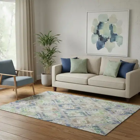 Beige Green And Blue Geometric Washable Area Rug With UV Protection Photo 2