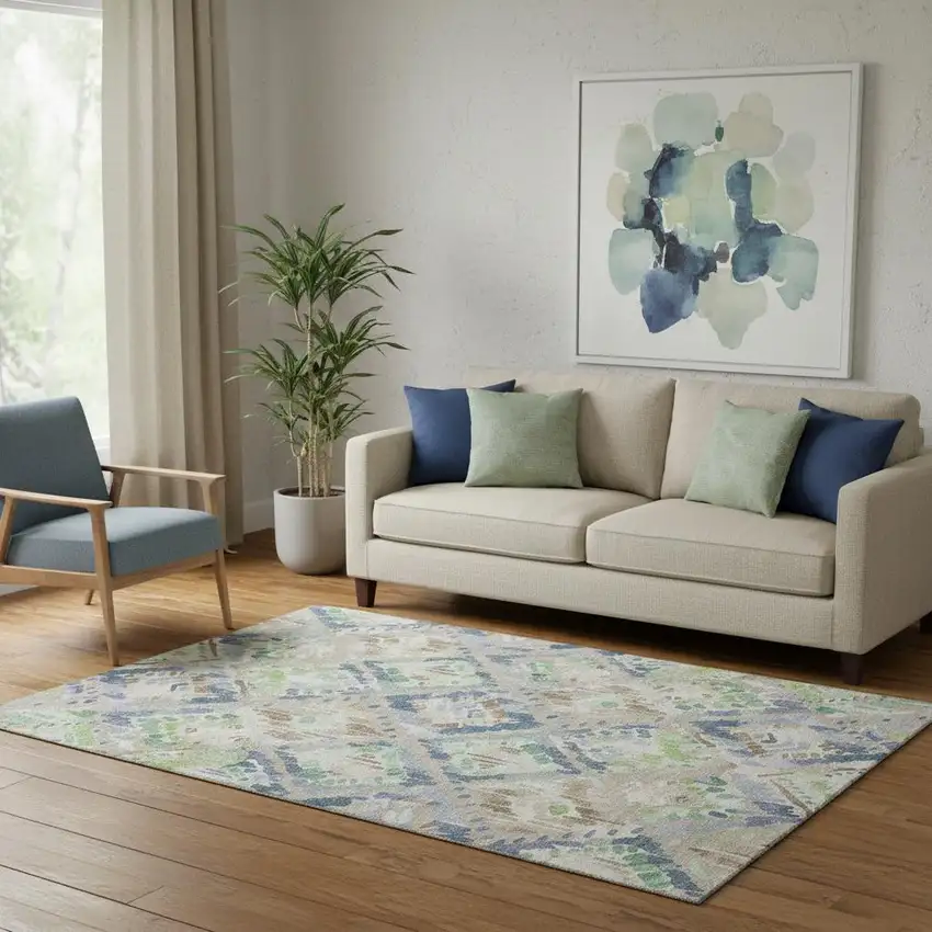 Beige Green And Blue Geometric Washable Area Rug With UV Protection Photo 2