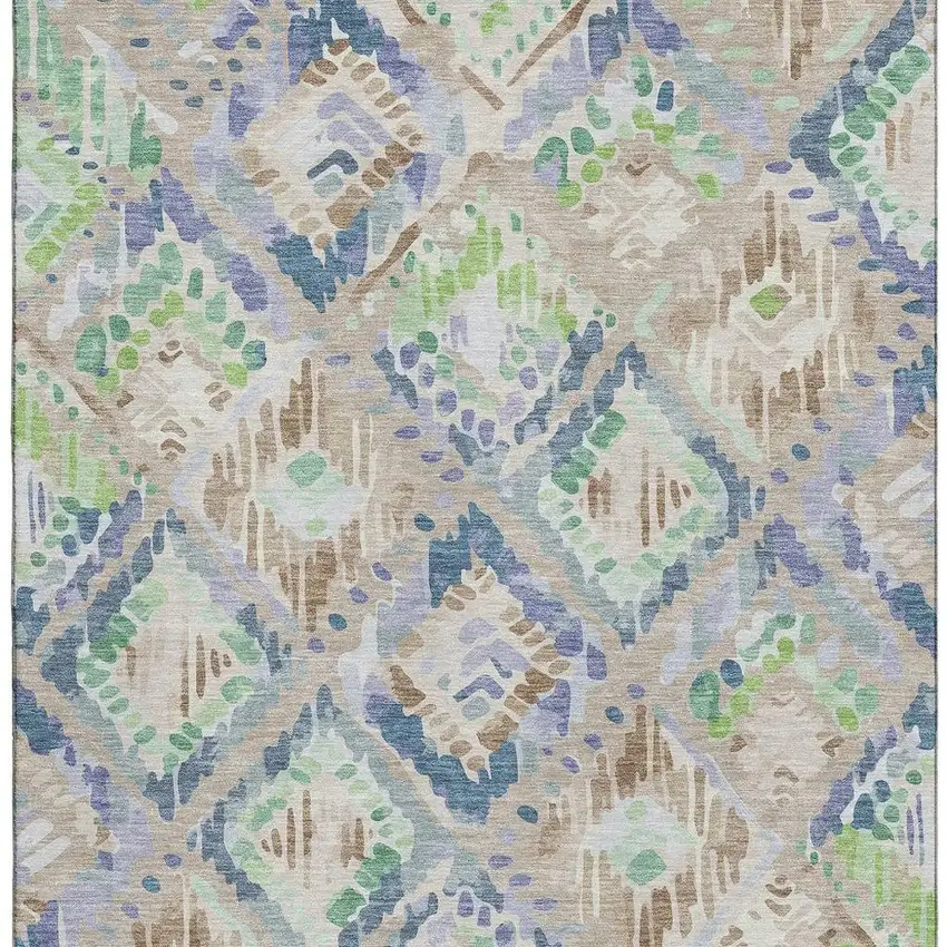Beige Green And Blue Geometric Washable Area Rug With UV Protection Photo 3