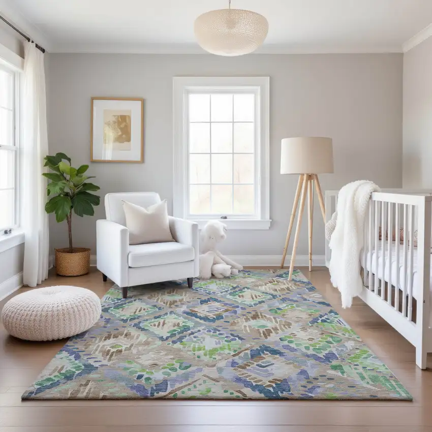 Beige Green And Blue Geometric Washable Area Rug With UV Protection Photo 5