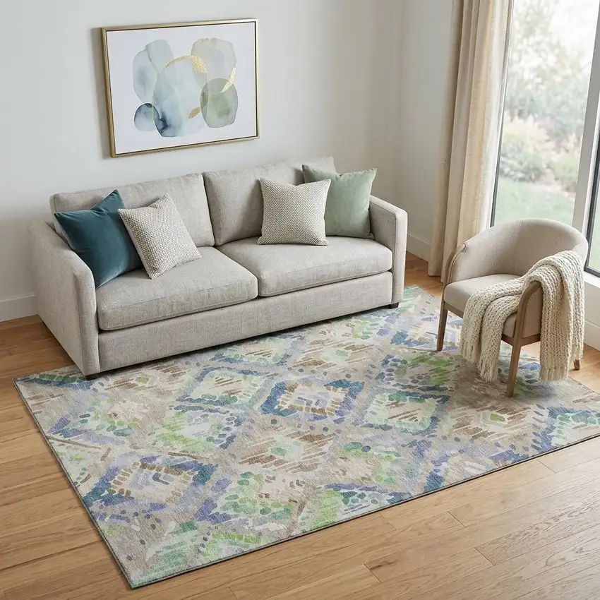 Beige Green And Blue Geometric Washable Area Rug With UV Protection Photo 1