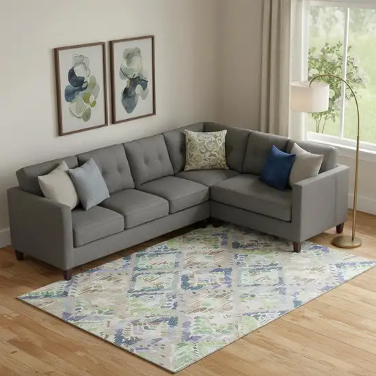 Beige Green And Blue Geometric Washable Area Rug With UV Protection Photo 2